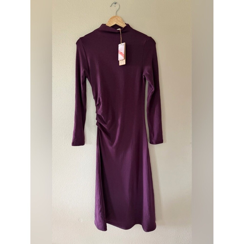 NWT OGL Mockneck Long-Sleeve Side Ruched Midi Dress in Purple Plum Size M